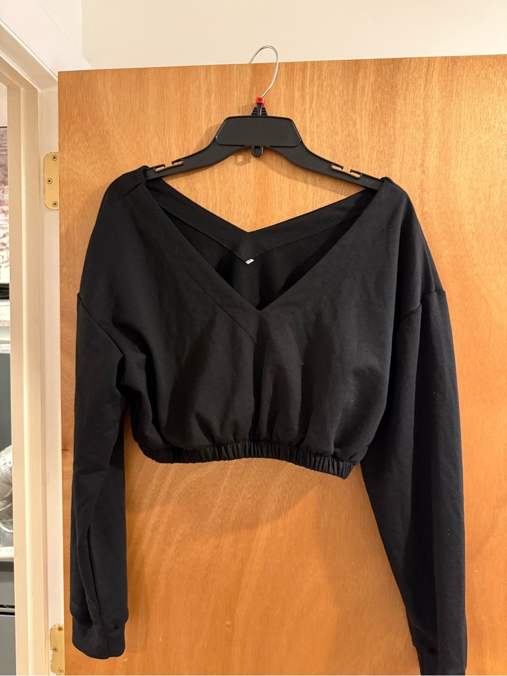 Black V-Neck Cropped Sweatshirt off the shoulder - Women Tops